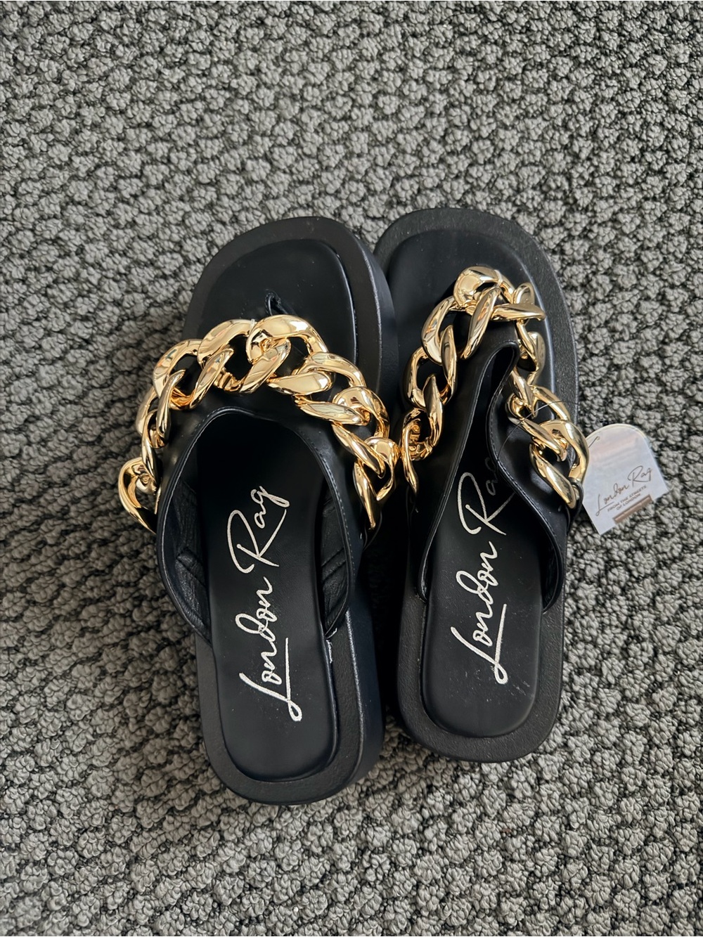 London Rag Black Sandals with Gold Chain Accent